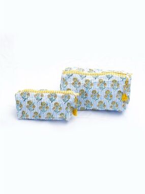 Cotton Blockprinted Floral Zip Pouch Set - Yellow & Blue